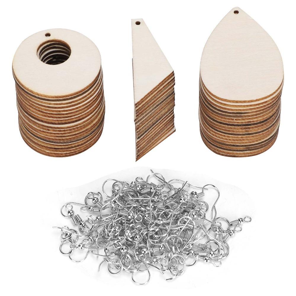 60PCS Wood Handmade DIY Wood Wooden Earrings Round Tapered Unfinished Pendants 3 Sizes Teardrop DIY Earrings Jewelry Making