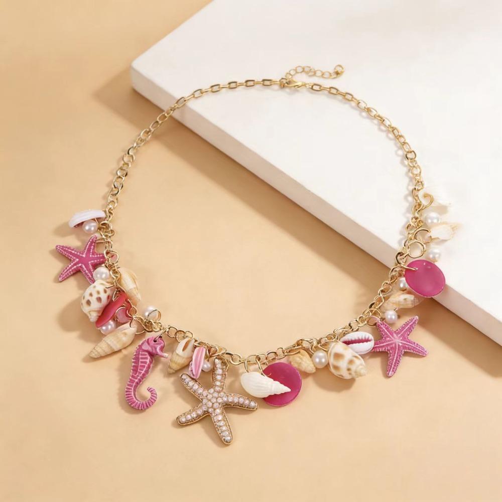 Bohemian Starfish Conch Seahorse Shell Multi-pendant Necklace for Women Summer Beach Vacation Exaggerated Collar Chain Jewelry