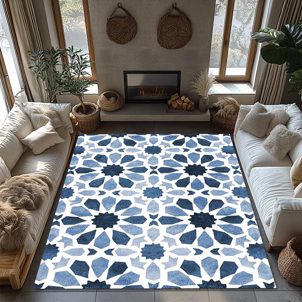 Moroccan Area Rug Vintage Persian Carpet Bohemian Floor Mat Blue Geometric Pattern Home Decor Living Room Bedroom Floor Covering