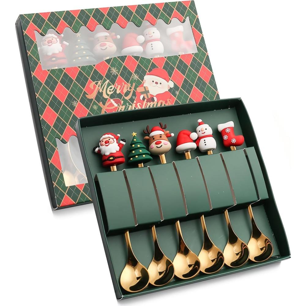 6 Pcs Christmas Decorative Spoons and Forks for Home Coffee Spoons Dinner Forks Dessert Spoons Stirring Spoons Green Packaging