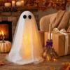 Witch Broomstick with Lights Halloween Ghost Decoration Broom, Spooky Sequins Mesh White Ghost, Cute Photo Prop Adjustable Standing for Party,