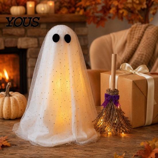 Witch Broomstick with Lights Halloween Ghost Decoration Broom, Spooky Sequins Mesh White Ghost, Cute Photo Prop Adjustable Standing for Party,
