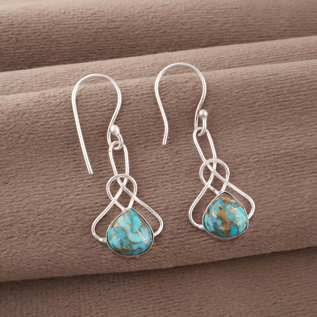 Blue Copper Turquoise Handmade Gemstone Earrings, 925 Sterling Silver Earrings Dainty Silver Jewelry, For Engagement Gift