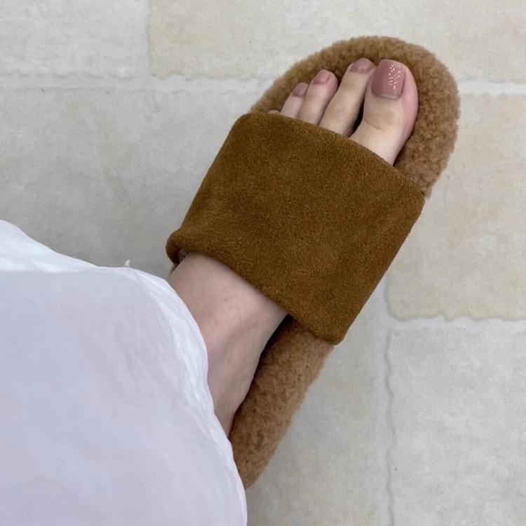 Sheepskin version~ New outer wear matte leather one-pedal fluffy shoes women's leather versatile thick-soled comfortable open-toed sandals