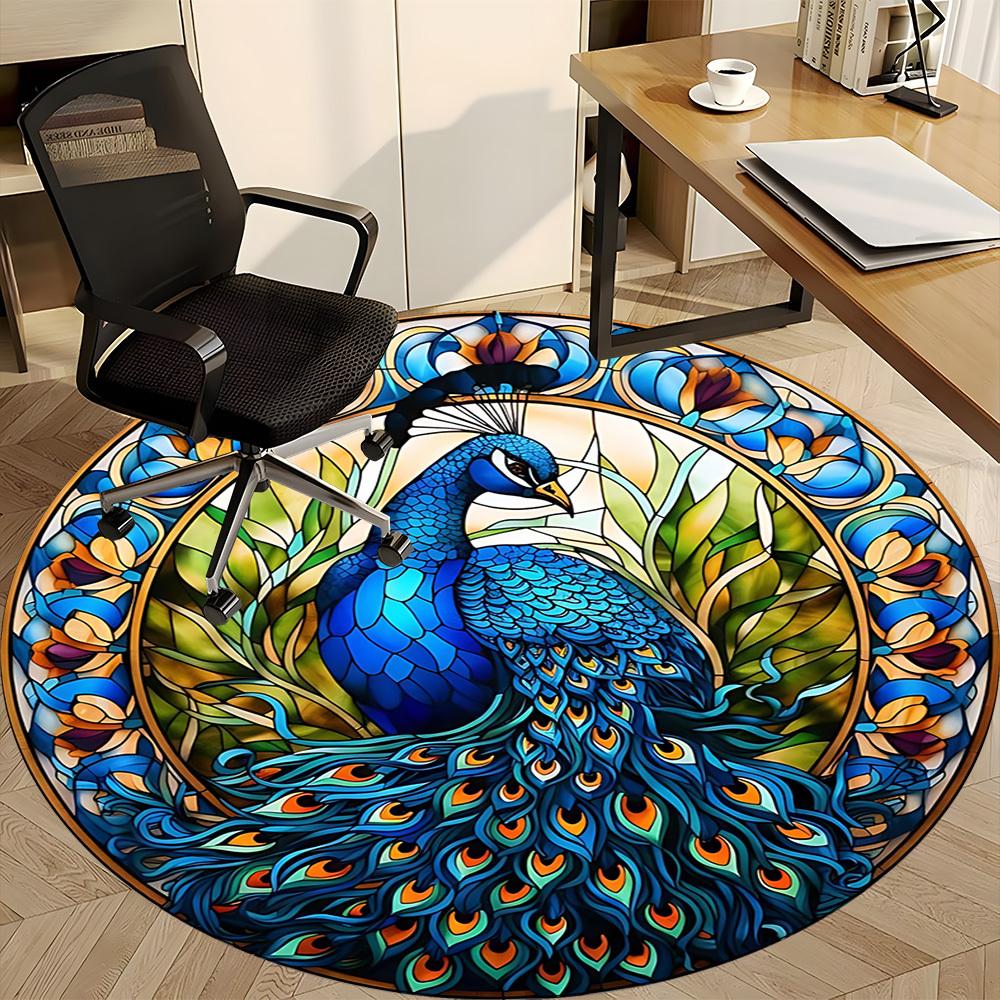 1pc Peacock StainedGlass Office Round Area Rug, Indoor Mat Suitable For Office, Under Office Chairs Bedroom Living Room Home Decor, Room Deco 015
