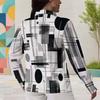 Women Plus Size Abstract Geometric Printed Collared Neck Long Sleeve Button Front Curved Hem Shirt