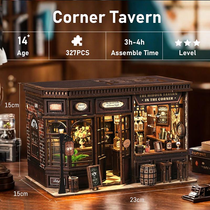 DIY Corner Tavern House Wooden Miniature Model Kit 3D Puzzle with Light Furniture Doll Houses Cottage for Friends Birthday Gifts
