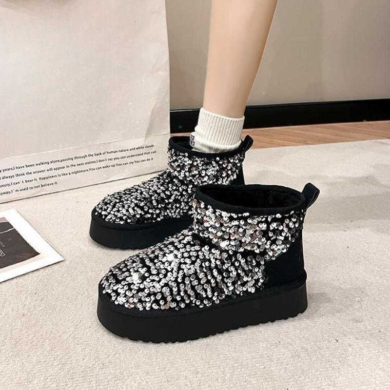 Fashion Sequins Height Increase Woman Shoes Round Toe Booties Plush Chunky Snow Boots for Women Designer Luxury Y2k Goth Warm Footwear