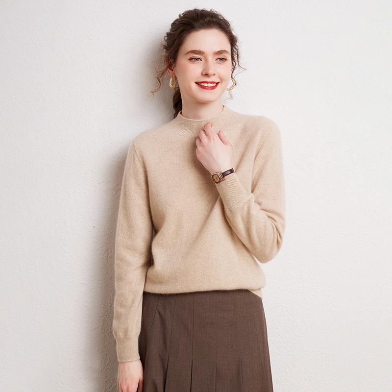 Women's Pure Cashmere Semi-High Neck Sweater - Autumn/Winter High-Quality Knit Base Layer