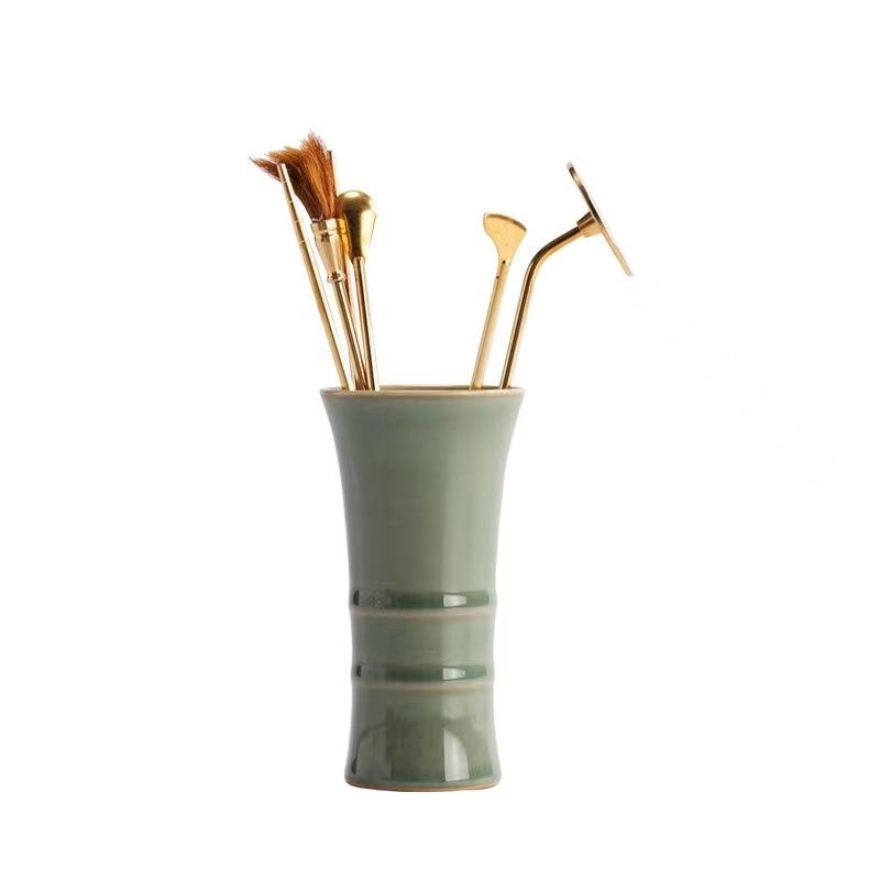 Celadon Incense Burner Bottle, Ceramic Carving, Simple Flower Vessel, Imitation Wood Root Shape, Chopsticks