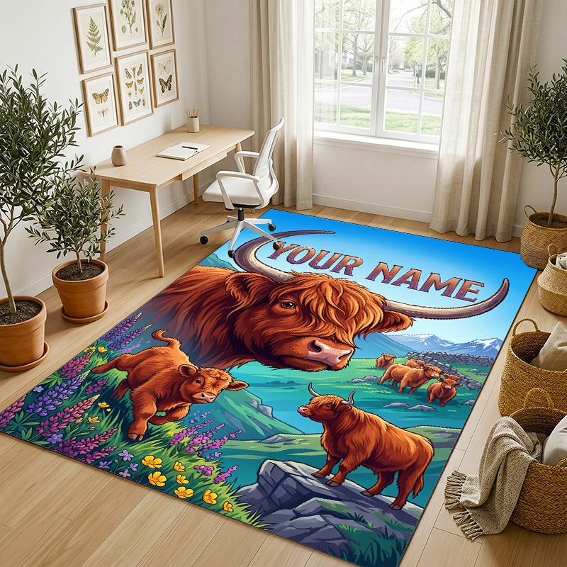 Tappeto in Velluto Cristallo Tema Mucca Highland Nome Personalizzato Testo Tappetino Morbido per Pavimento Decorazione Casa