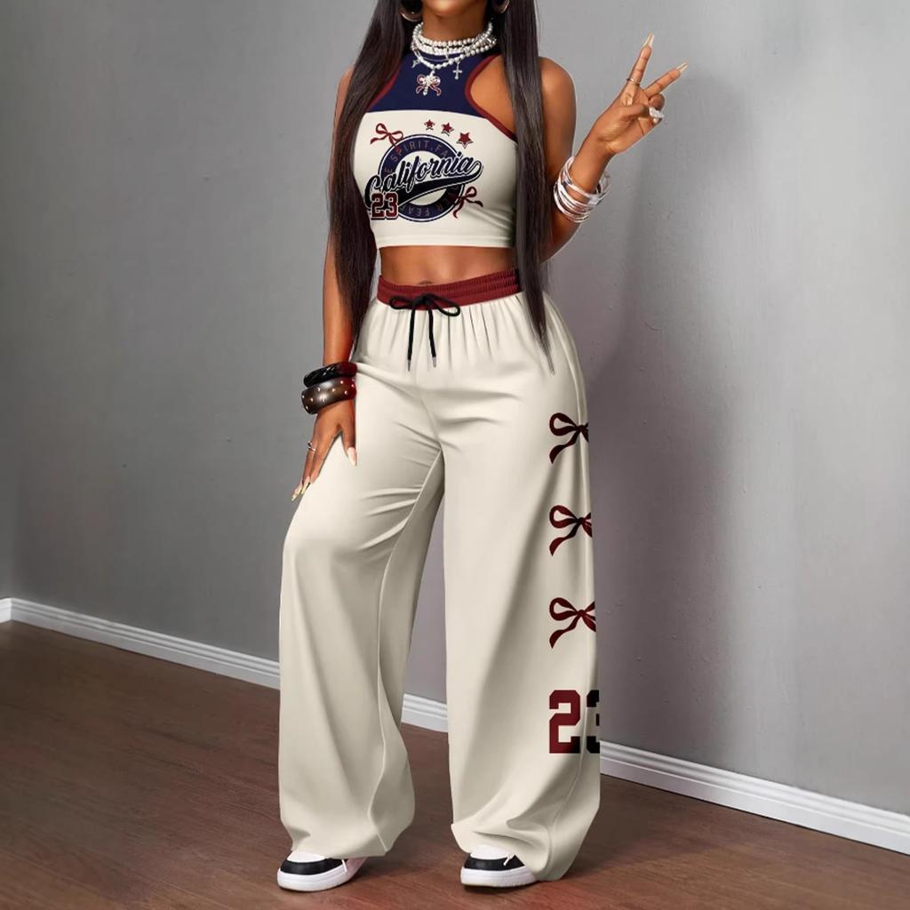 Set T-shirt con Stampa Hip Hop Street e Pantaloni Larghi Casual da Ragazza