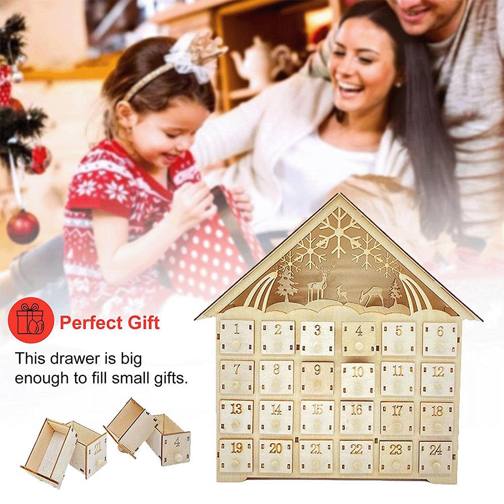 Christmas Wooden Holiday Decoration LED Lights 24 Days Countdown Advent Calendar Ornaments Creative Gifts House Shape Handmade