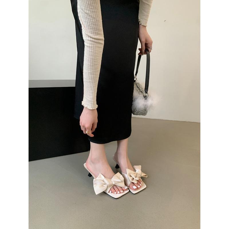 Bow High Heel One-word Slippers Women's Summer Wear Style New Stiletto with Skirt High Heel Sandals Tide