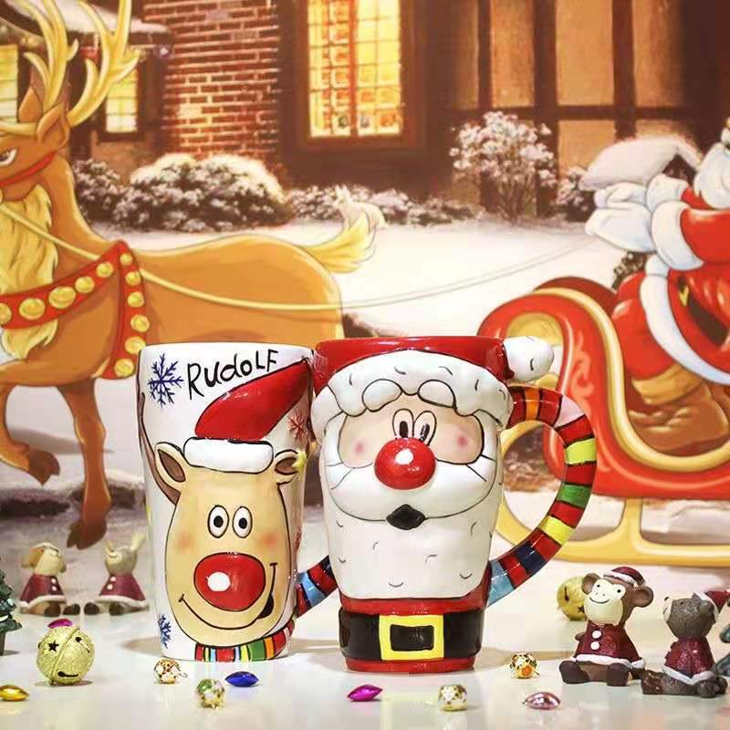Creative Hand-painted Ceramic Mug Large-capacity Cartoon Mug Cute Water Mug Couple Santa Claus Mug