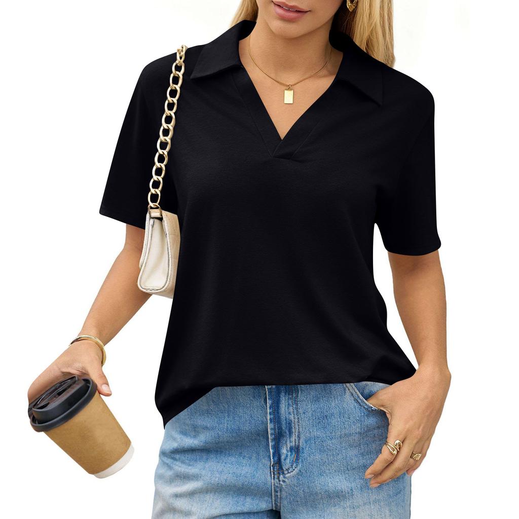 Women's Fashion Casual Lapel Short Sleeve Solid Color Shirt Women's Up Tops