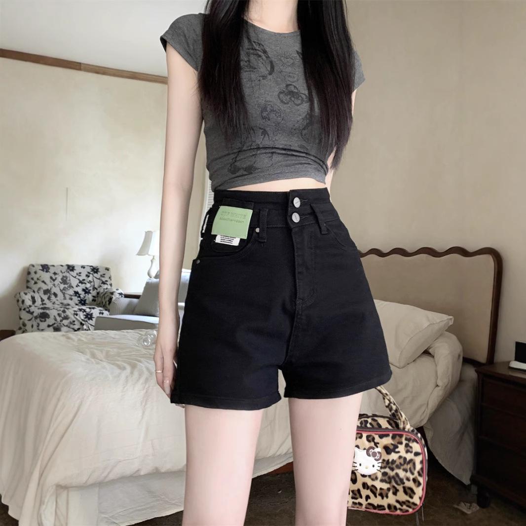 

Women s 2025 Summer Black High-Waisted Wide-Leg Denim Shorts - Slimming, Versatile A-Line with Double Button Patchwork Design S (40-50 kg) чорний