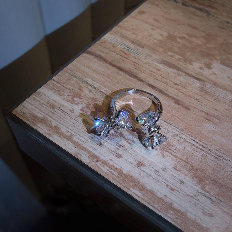 ANENJERY Shiny Zircon Bowknot Open Ring For Women Exquisite Korean Fashion Accessories