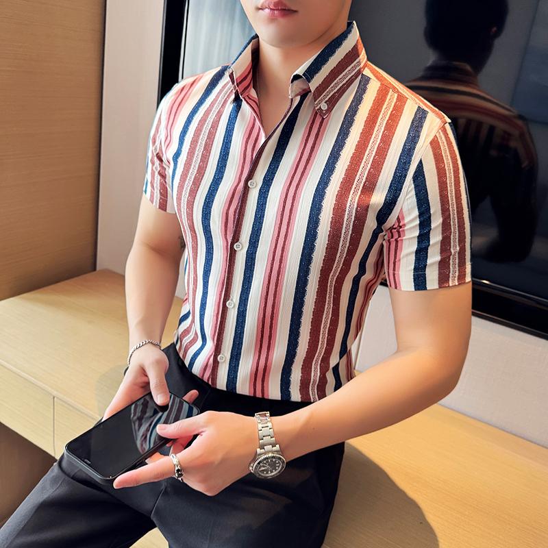 Summer Striped Shirts Men Short Sleeve Slim Fit Casual Shirt Fashion Social Streetwear