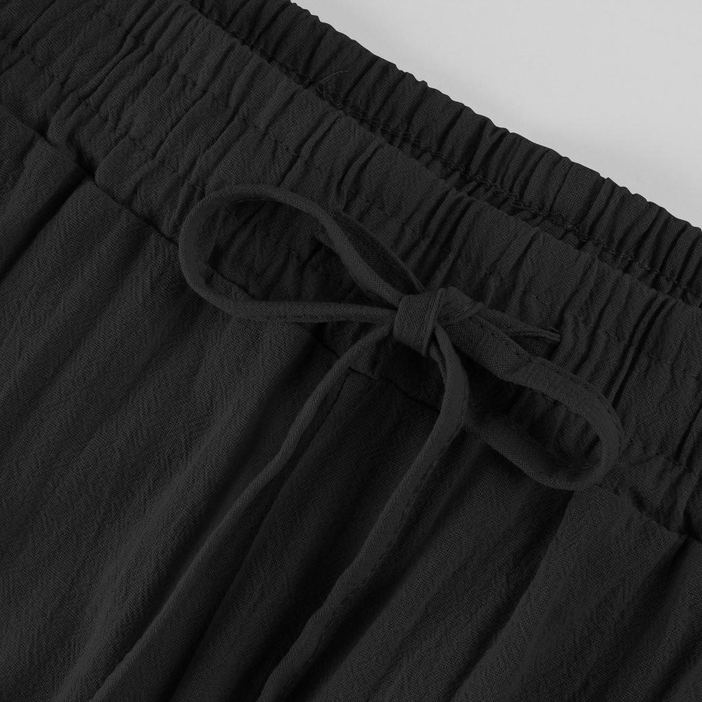 Frauen Sommer Elastische Taille Tasche Tasche Einfarbig Baumwolle Leinen Breite Bein Hosen Lose Neun Punkte Hosen
