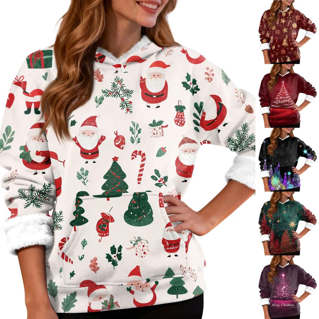 Women's Fashion Casual Long Sleeve Christmas Printed Hooded Sweatshirt