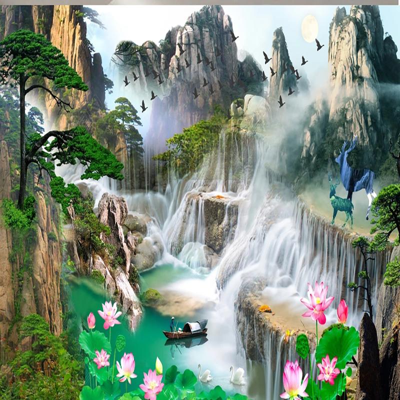 3D Wallpaper Modern Forest Waterfall Scenery Mural Sunrise Mountain Wall Paper Living Room Bedroom Study Decor Fresco