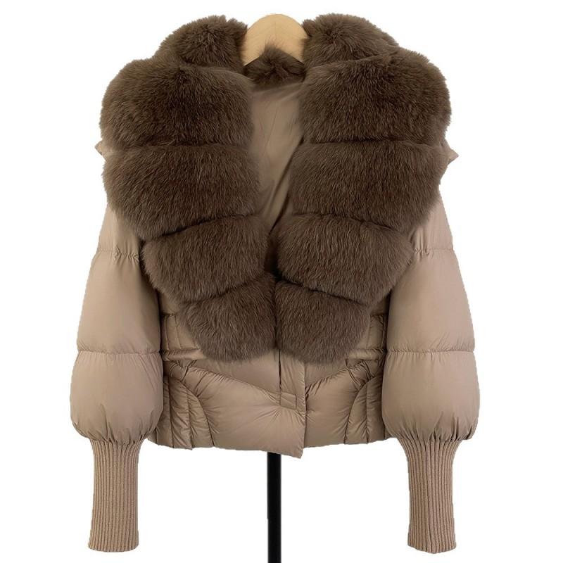 Womens Short Puffer Coat With Real Fox Fur Collar Winter Warm Down Jacket Loose Fit Small Stature