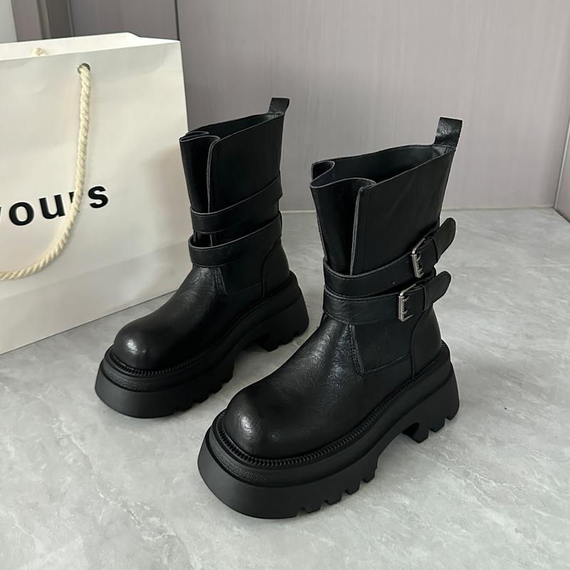 Vintage Platform Thick Heel Women Knight Boots Fashion Belt Buckle Height Increase Shoes Winter Punk Style Women'S Short Booties