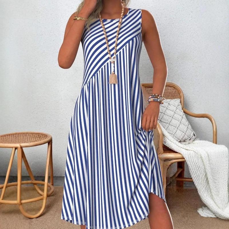 Round Neck Color Block Striped Midi Dress Sleeveless Loose Fit Side Hidden Pocket Irregular Split Hem Casual Daily Sundress