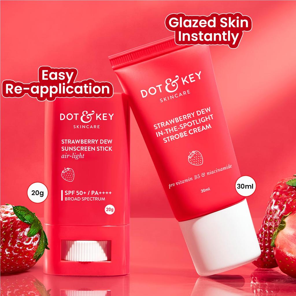 DOT & KEY Strawberry Dewy Sunscreen Stick & Strobe Cream All SkinAll Skin Combo (2 Items In The Set),50 SPF