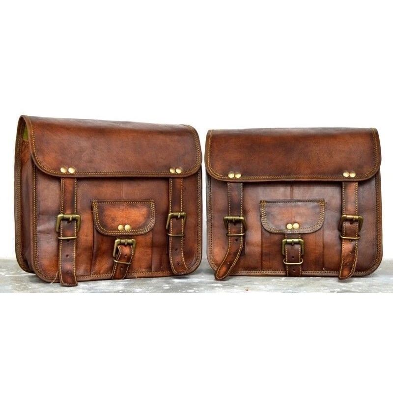 Bag Leather Motorcycle Pouch 2 Side Saddlebag Saddle Panniers Brown Tool Storage