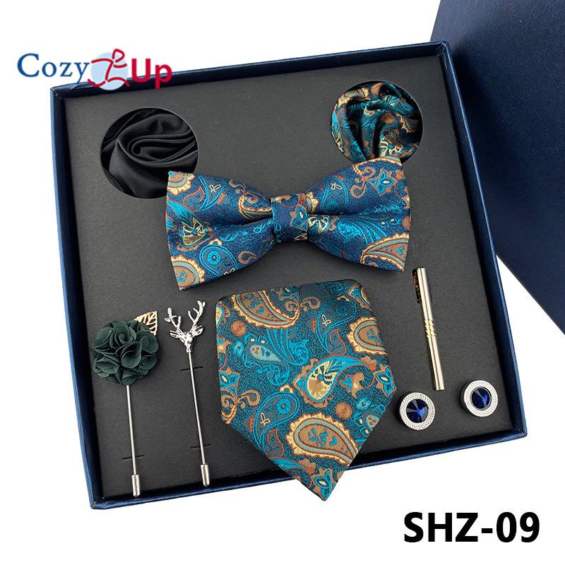 7 KS Klasická pánská kravata sada Paisley Stripe kravata pro muže Kapesní čtvercový motýlek Brož manžeta Dárková krabička ke Dni otců