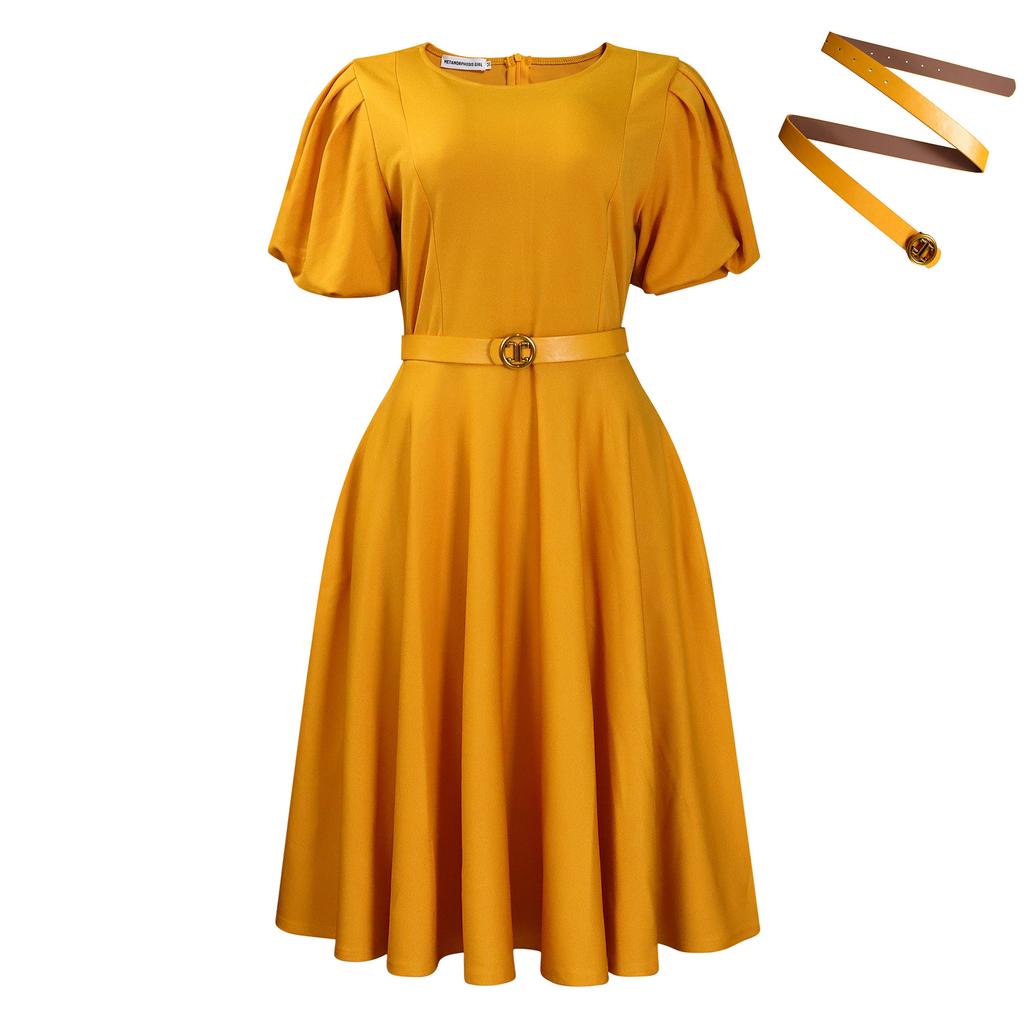 Women's Summer Fashion Bubble Sleeves Elegant High Waist Solid Color Round Neck Large Skirt Dress