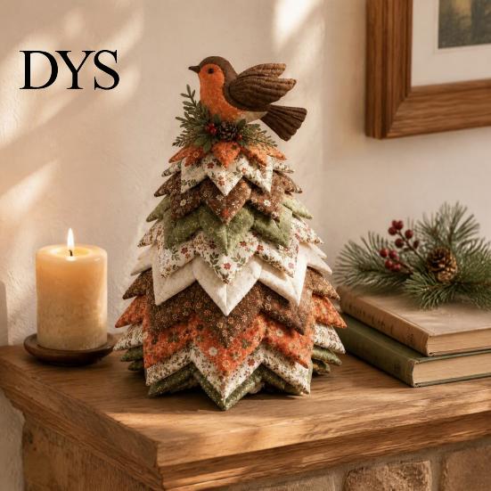 Festive Bird Theme Patchwork Christmas Tree Kit, DIY Quilted Fabric Craft Unique Gift for Crafters Floral Handmade Centerpiece Holiday Home