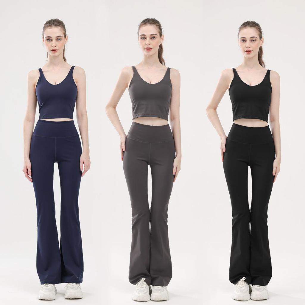 Women's Sleeveless Yoga Set: Nude Feel, Tummy Control, Micro Flare Pants & V-Neck Sports Bra with Chest Pads