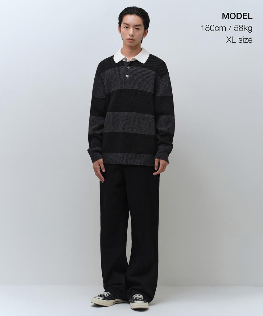 MUSINSA STANDARD Ribbed Stripe Rugby Knit [Black/Melange Grey]
