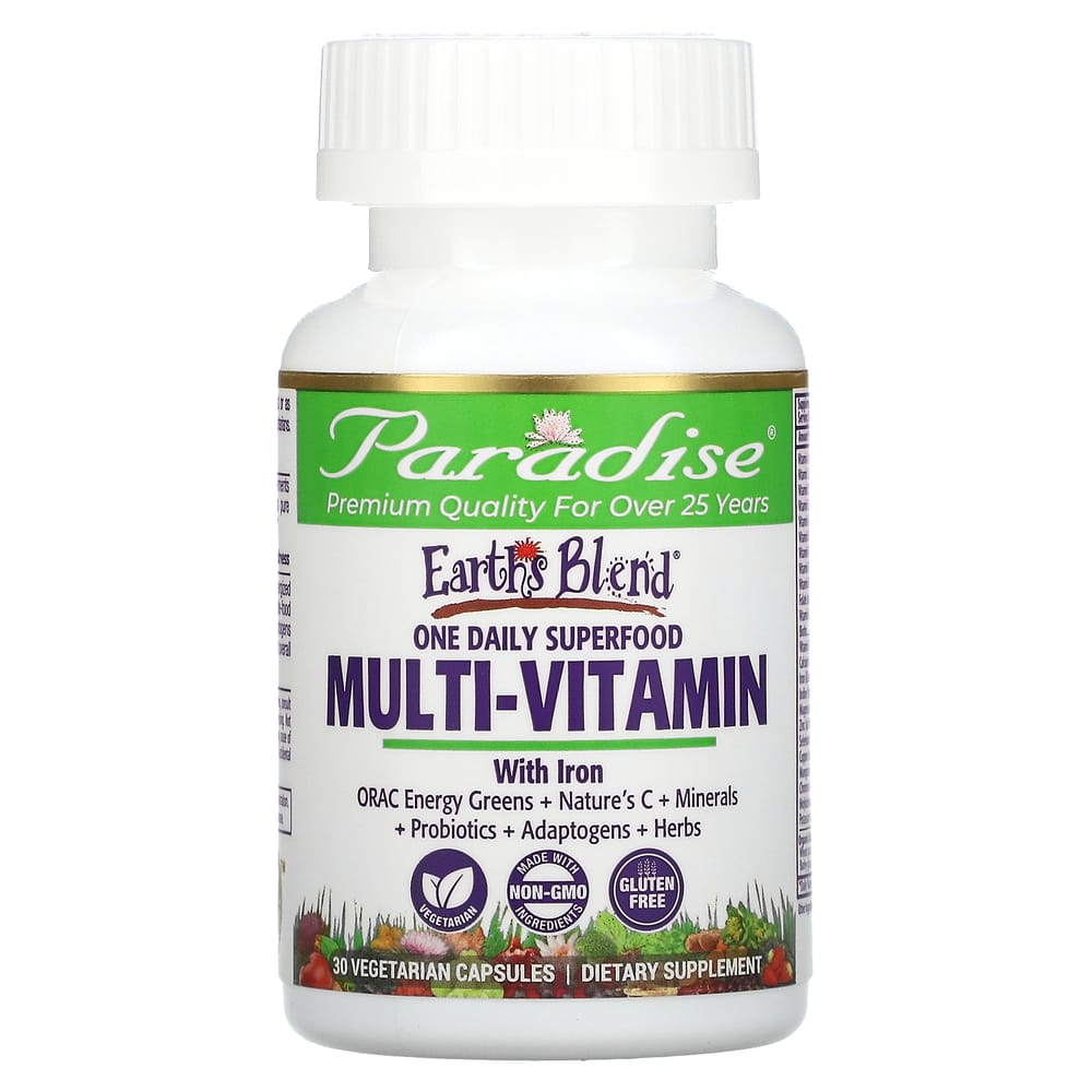 Paradise Herbs Earth's Blend One Daily Superfood Multivitamin with Iron, 30 Veggie Capsules