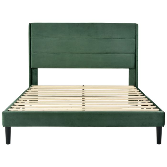Lit Rembourré 140 X 200 Cm, Cadre De Lit Avec Sommier À Lattes Et Tête De Lit, Lit Double Rembourré, Couvre-lit Vert Foncé