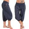 Pantaloni Harem Capri da Donna a Vita Media, tinta unita, in Lino, Vestibilità Larga, Tasca Laterale con Bottone, Pantaloni Corti Casual