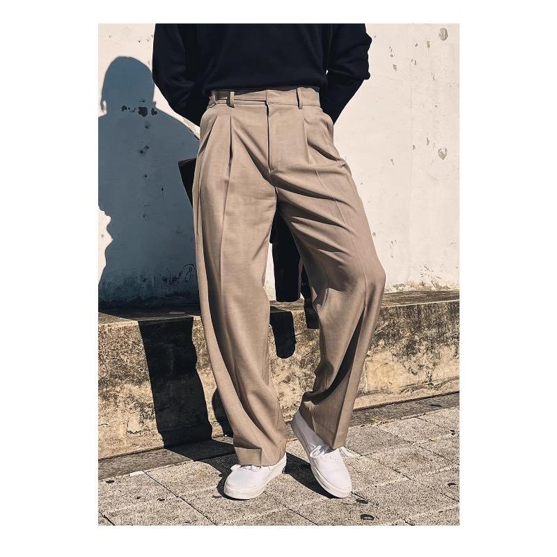 Men High Waist Double Pleated Loose Straight Non Iron Casual Suit Trousers