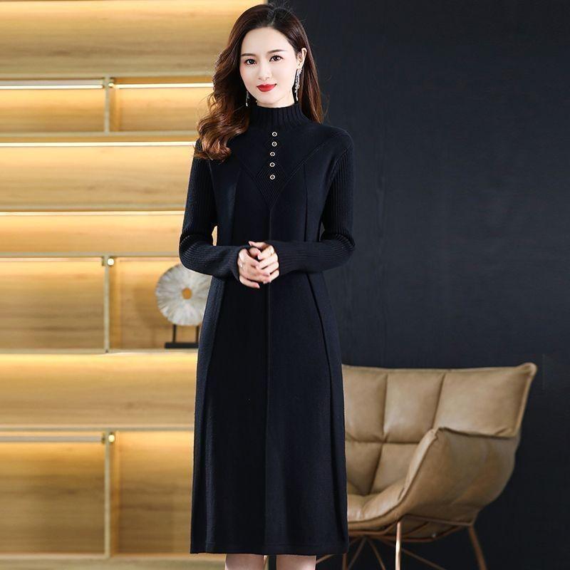 Neues Herbst-Winter Langes Überknie Lockeres High-End Kleid Einfarbig Mittellang Gestrickter Pullover Rock Basis