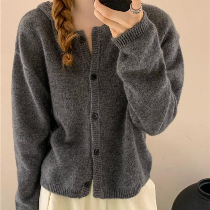 Retro autumn and winter new casual hooded knitted cardigan for women loose soft waxy thin sweater jacket for women