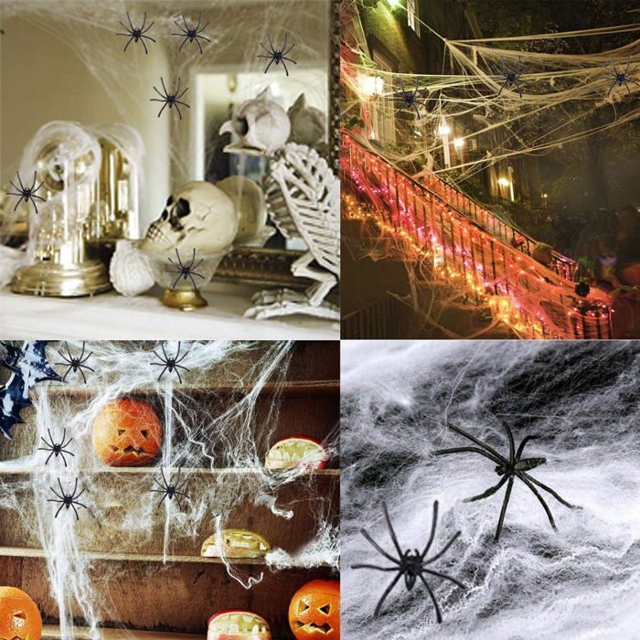 Décoration Halloween - Toile d'Araignée Extensible 60g - 30 Fausses Araignées