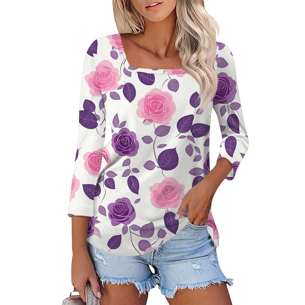 Dámské tričko s potiskem a 3/4 rukávy pro každodenní nošení i na víkend, módní základní top se čtvercovým výstřihem, běžný střih