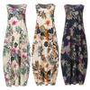 Abito Lungo Lento da Donna Vintage Senza Maniche Scollo O Stampa Floreale Foglie Cotone Lino