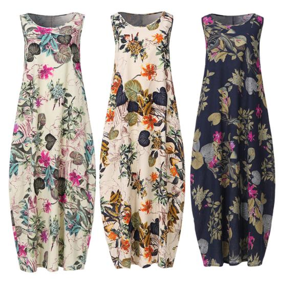Abito Lungo Lento da Donna Vintage Senza Maniche Scollo O Stampa Floreale Foglie Cotone Lino