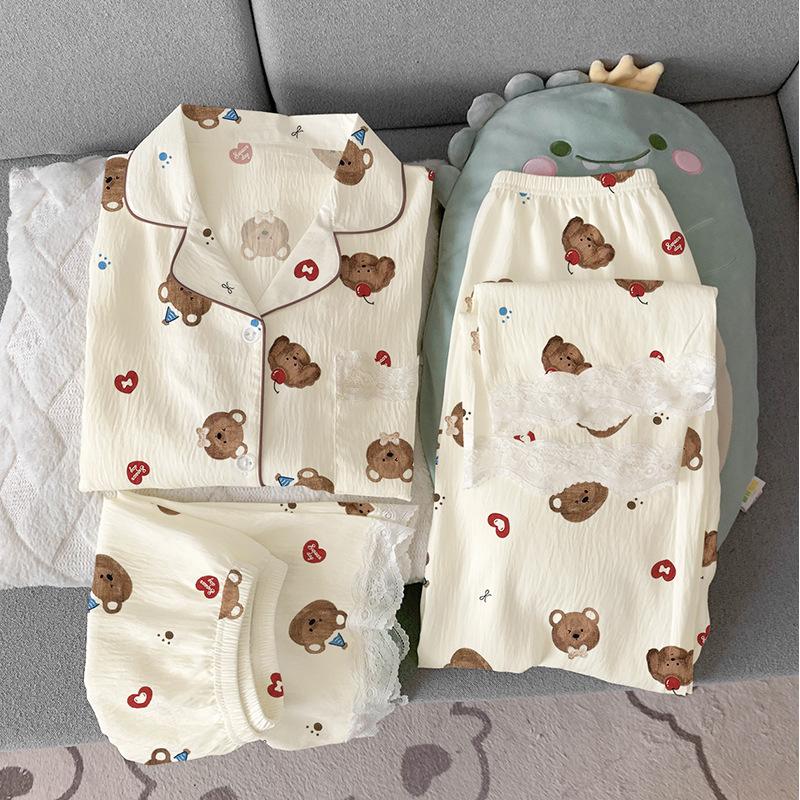 Cloud Cotton Pajamas Women'S Summer Sweet Lace Edge Short-Sleeved Cartoon Party Bear Loungewear Three-Piece Set