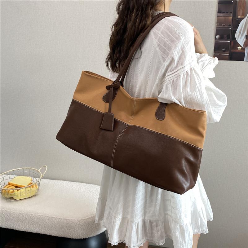 Pu Leather Splicing Bag For Women European Style Commuting Bag Oversize Storage Shopping Tote Ladies Bussiness Handbag