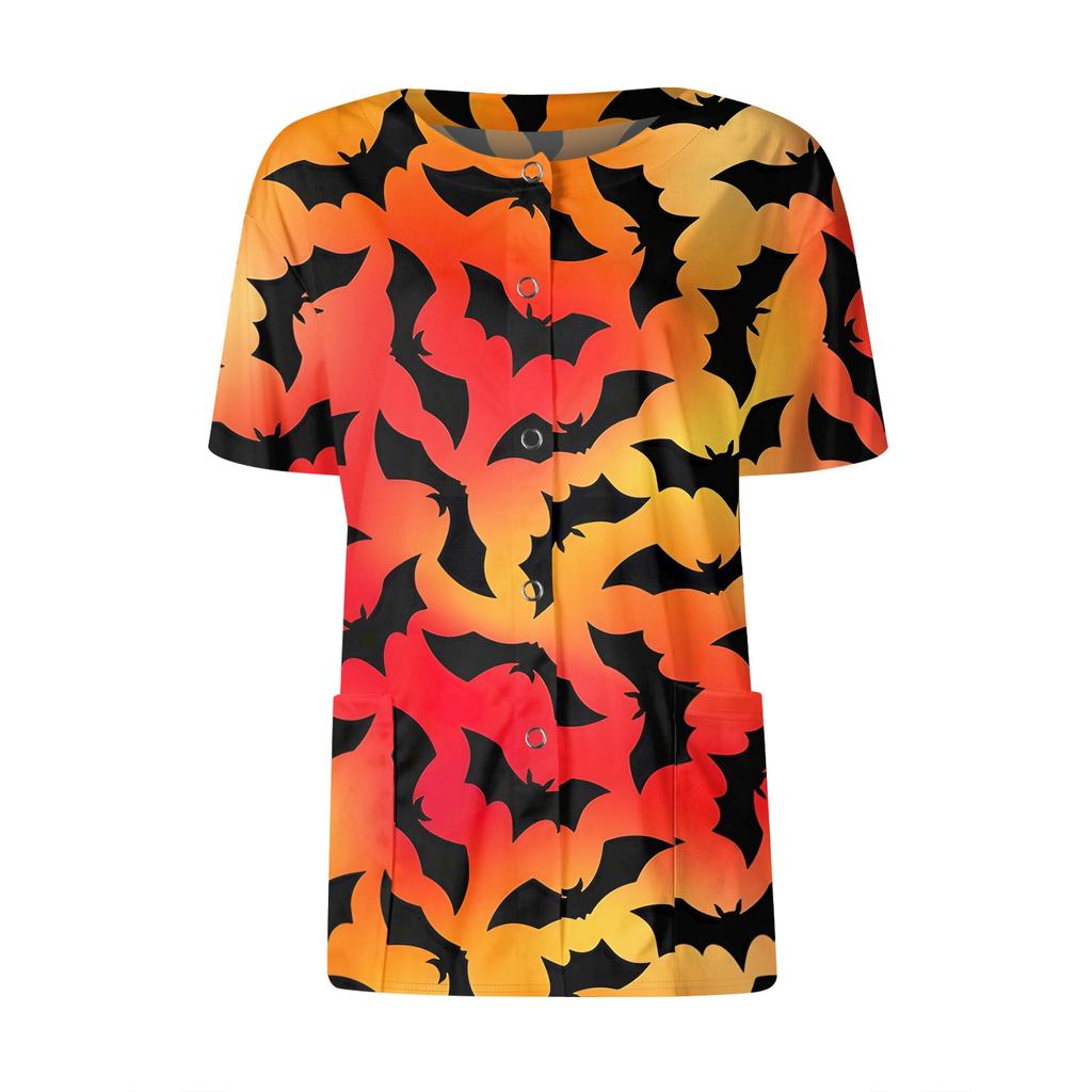 Women's Short Sleeved Patterned Pockets, Work Print Stand Up Collar, Single Breasted Protective Clothing, Cardigan Jacket, Top