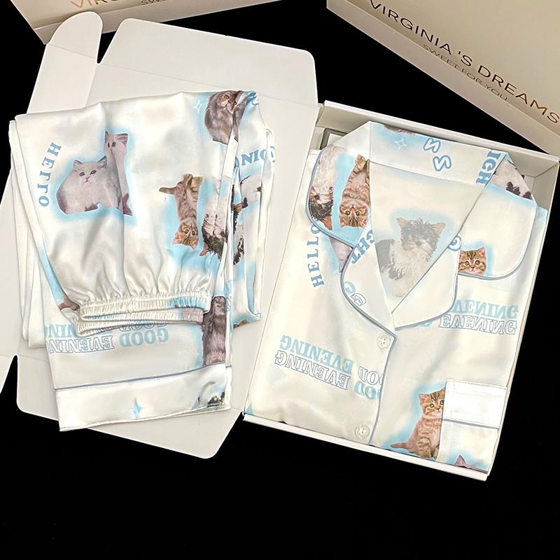 

Пижама для девочек, атласная домашняя одежда, длинная, короткая, модная, с милым принтом кота, летняя, тонкая, для женщин, шелковый домашний комплект L